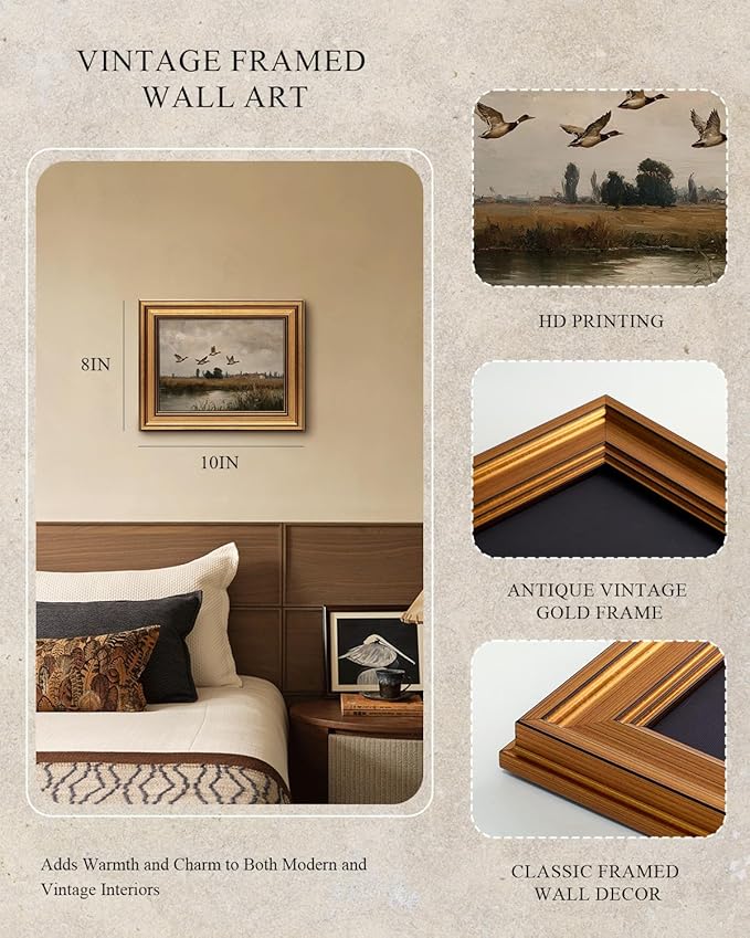 InSimSea Gold Framed Canvas Wall Art, Vintage Bedroom Decor, Flying Ducks Landscape Paintings Farmhouse Decor Aesthetic, Small Countryside Prints for Bedroom Living Room Shelf Gift, 8x10inch
