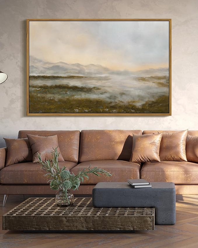 SHENIFY Vintage Framed Wall Art Rustic Foggy Mountain Landscape Scenery Home Decor Retro Wilderness Decorations for Farmhouse Bedroom Ready to Hang Wall Artwork - 24x36in Natural Framed