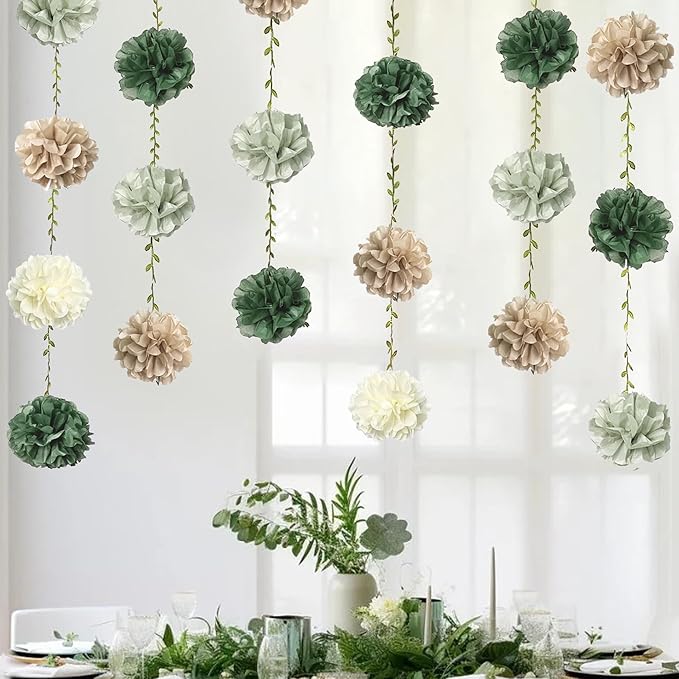 Sage Green Beige Party Decorations Tissue Paper Flowers Pom Pom with Leaf Ribbon Hanging Garland Streamer for Neutral Baby Shower Birthday Wedding Bachelorette Safari Jungle Woodland Party Supplies