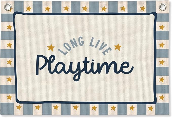 Playroom Wall Decor,Long Live Playtime Linen Canvas Banner,Navy Blue Toddler Playroom Decor Kids Room Nursery with Star Pattern Wall Decor for Toddler Boys Toy Room Bedroom,30x20 Inch