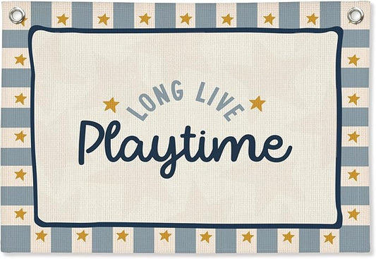 Playroom Wall Decor,Long Live Playtime Linen Canvas Banner,Navy Blue Toddler Playroom Decor Kids Room Nursery with Star Pattern Wall Decor for Toddler Boys Toy Room Bedroom,30x20 Inch