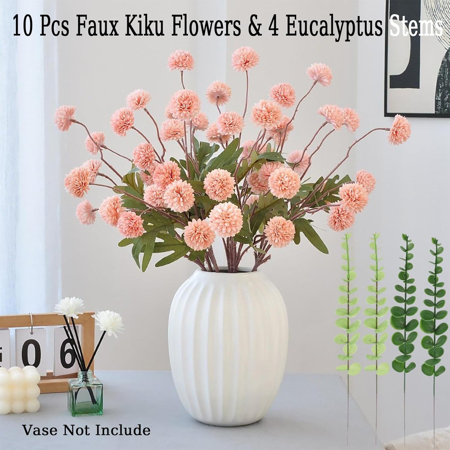 Faux Pink Kiku Flower, 10 Stems with 5 Heads Each & 4 Branches Eucalyptus Stems, Artificial Small Mini Chrysanthemum Flowers for Aesthetic Room Decor, Floral Arrangements Centerpiece