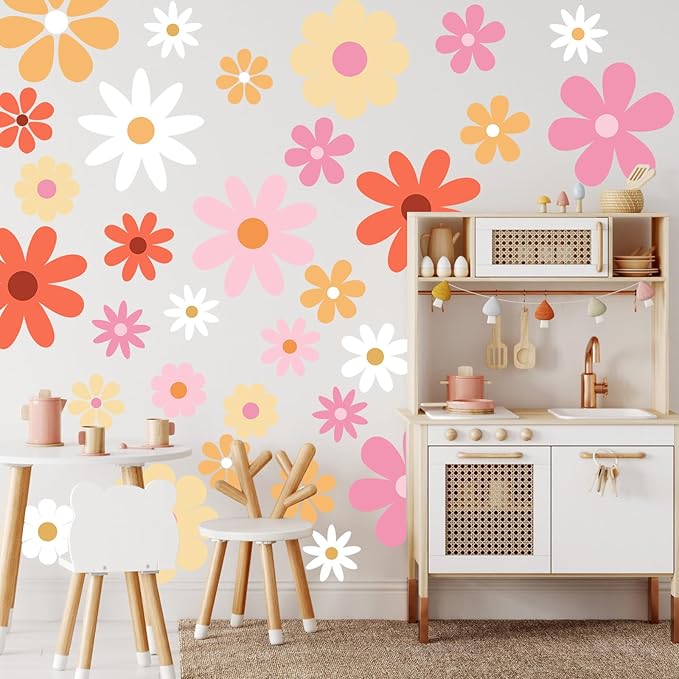 TaoBary 12 Sheet Daisy Wall Sticker Decal Removable Cute Daisy Bedroom Room Decor Flower Wall Sticker Pink White Flower Decal Wallpaper Peel and Stick for Nursery Home(Bright Color,Bright Style)