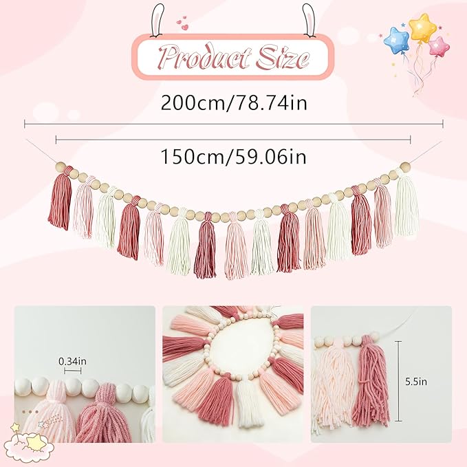 Boho Yarn Tassel Garland - Handmade Wall Hanging Decor for Nursery, Baby Shower, Kids Room, Classroom, Birthday Party - Macrame Tassels Banner for Bedroom, Office, Home Decoration (Pink)