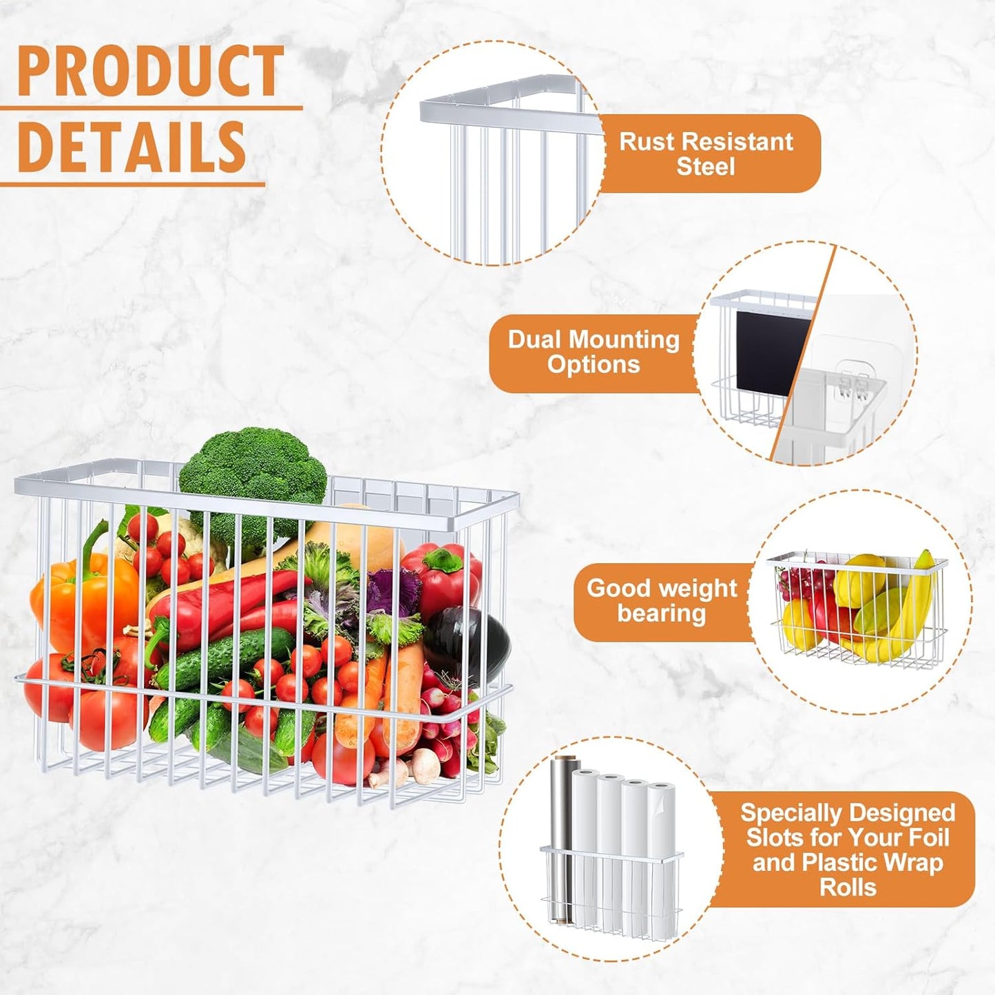 3 Pcs Magnetic or Adhesive Refrigerator Organizer Magnetic Baskets Kitchen Holder for Refrigerator Metal Shelf Rack Storage with 2 Types of Installation(White)