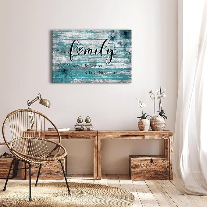 Farmhouse Family Canvas Wall Art Inspirational Signs Poster Where Life Begins Love Never Ends Teal Family Sign Picture Turquoise Painting Artwork for Kitchen Living Room Home Decoration 24x36"