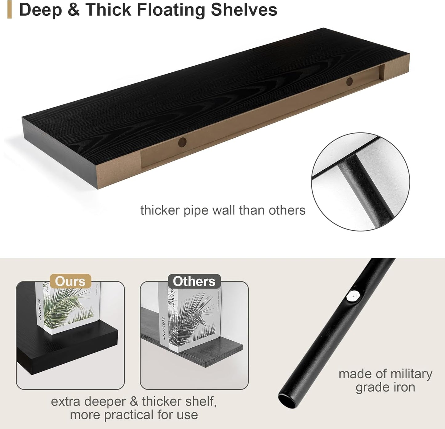 Heimlove 12 Inch Deep Floating Shelves, 55 x 12 inch Extra Long Floating Shelves for Wall, Large Display Shelf & Storage Shelf for Living Room Bedroom Kitchen Home Office, Set of 1, Black