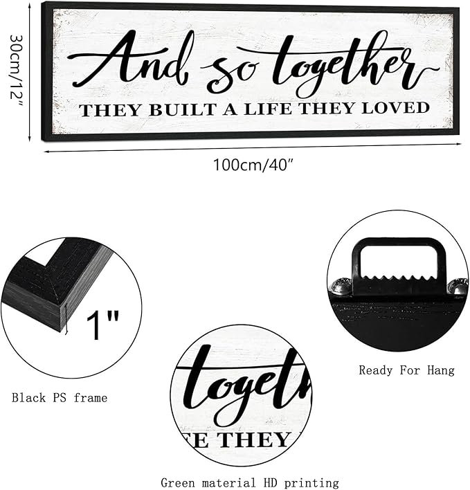 And So Together They Built a Life They Loved Sign: Rustic Bedroom Signs Wall Decor Above Bed Modern Farmhouse Wall Decor Inspirational Quotes Family Signs Framed Hanging Wall Plaque 12" x 40"