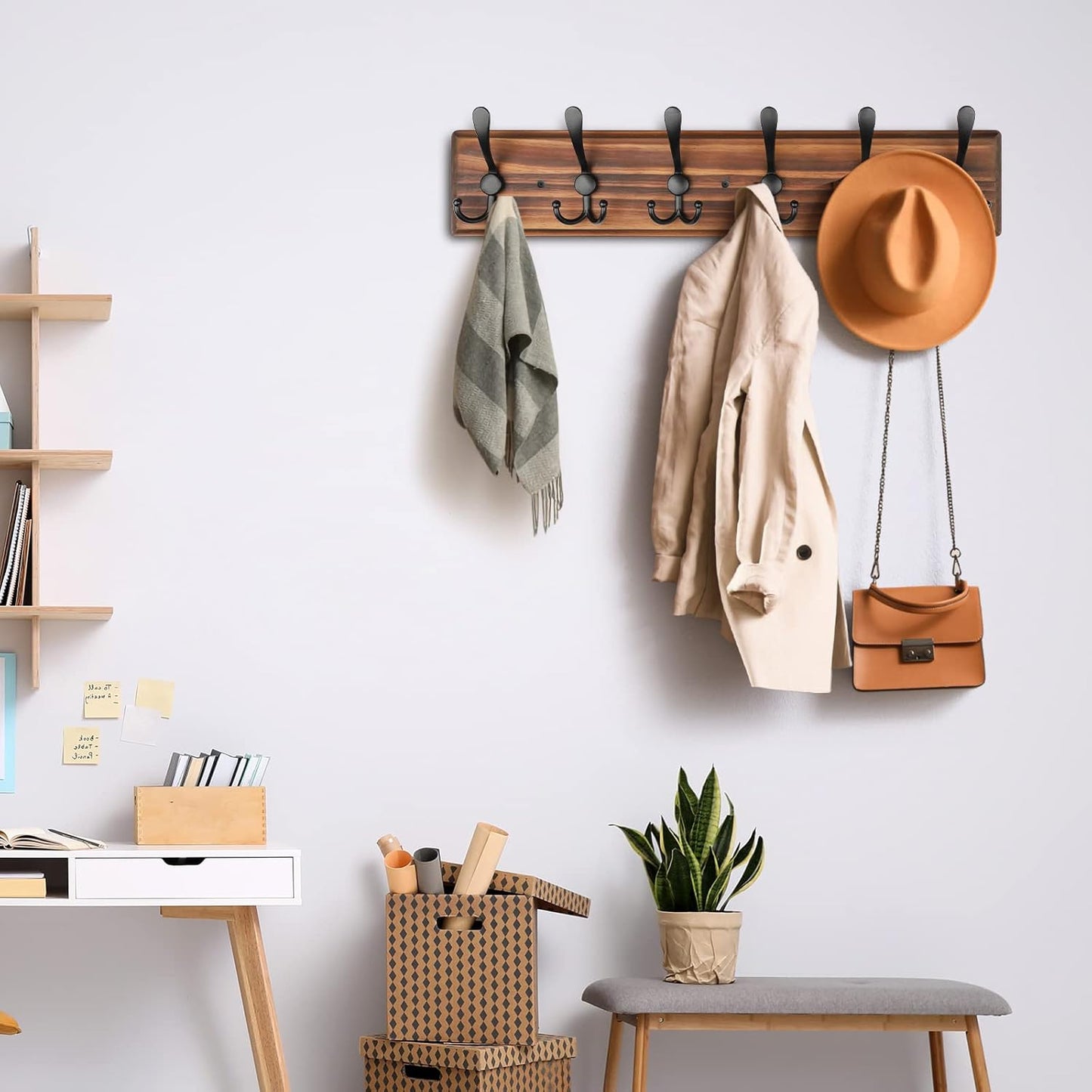 Coat Rack Wall Mount, Wooden Heavy Duty Coat Rack for Wall,6 Triple Coat Hanger Hooks for Hanging Coats,Jacket,Hat,Clothes (Brown, 6 Hooks)