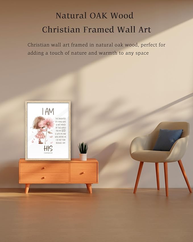 KensTro Natural OAK Wood Nursery Decor Framed Wall Art, 12x16 in Inspirational Christian Bible Verse Wall Art,I Am a Daughter of The King Scripture Pink Print for Girls Playroom Bedroom Decor Set of 1