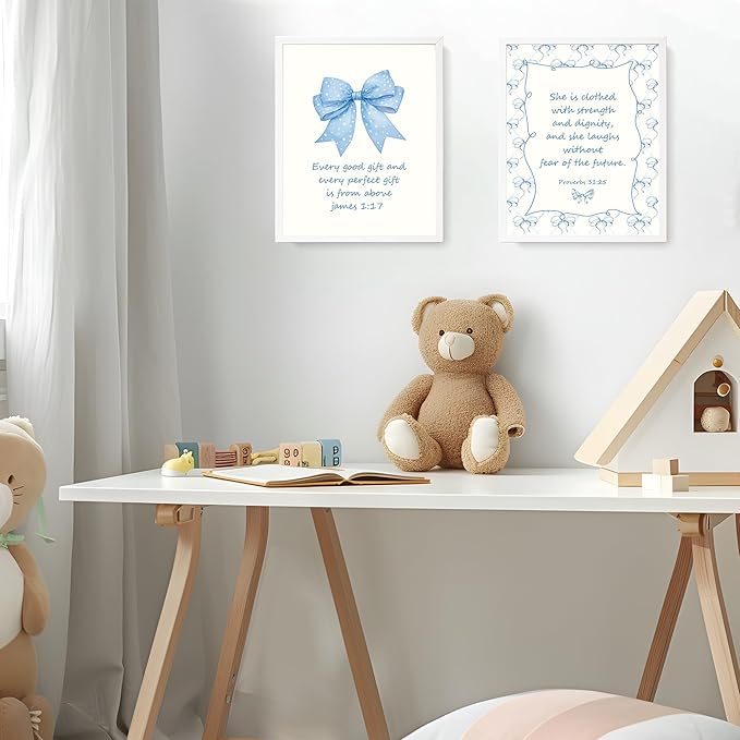 LARTSFRO Coquette Blue Bow Jesus Wall Art Decor Posters, Light Blue Bow Christian Room Bedroom Bathroom Wall Art Decor Aesthetic for Teen Girls Gifts, Inspirational Bible Verses Bow Wall Decor, 12x16 Inch Set of 4 Bow Pictures(UNFRAMED)