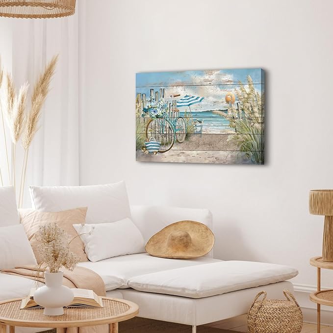 Beach Wall Art Seaside Bicycle Canvas Prints Pictures for Bathroom Decor Ocean Coastal Landscape Wall Decor Nautical Blue Seascape Painting Artwork for Kitchen Living Room Home Decoration 24x36"