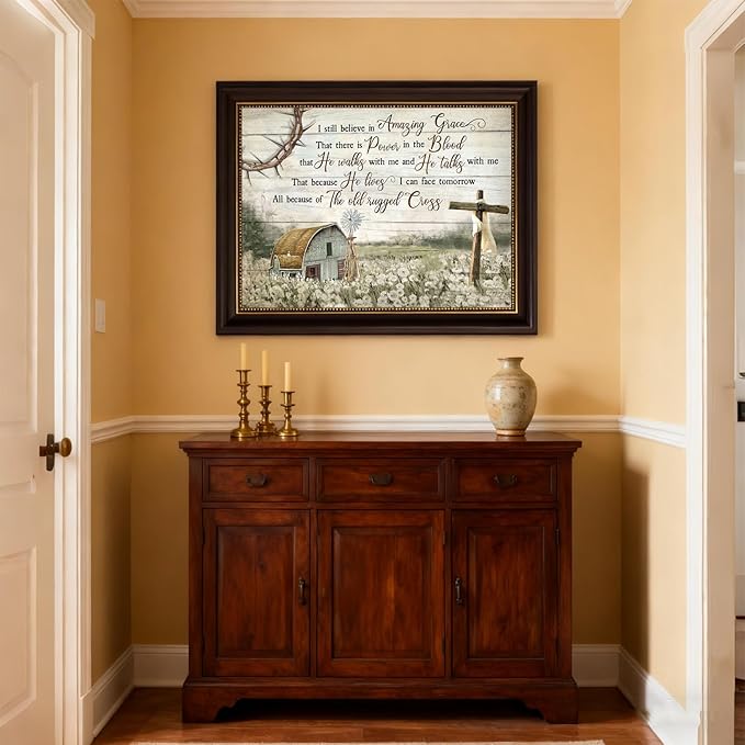 HDXUFJQ Dark Brown Framed Christian Wall Art Barn Windmill Canvas Wall Decor Religious Cross Wall Art I Still Believe In Amazing Grace Picture Print Christian Prayer Decor Paintings(16"x24")