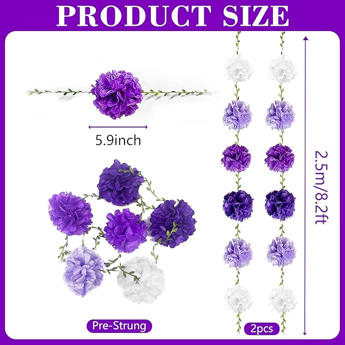 Ombre Purple White Party Decorations Lavender White Tissue Paper Flowers Pom Pom with Leaf Ribbon Hanging Garland Streamer for Birthday Baby Shower Bachelorette Wedding Lilac Violet Party Supplies