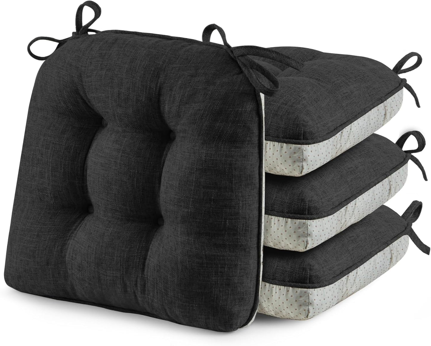 puredown® Chair Cushions for Dining Chairs, Tufted Memory Foam Chair Pads with Non-Slip Backing, Kitchen Seat Cushions with Ties, Washable Seat Pad Set of 4, 15.5" x 15.5" x 4", Black