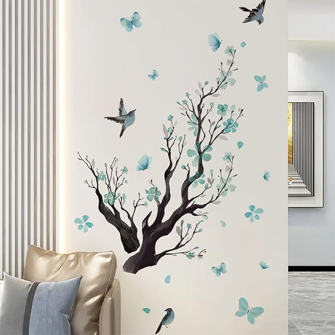 Watercolor Blue Flower Wall Stickers,Removable DIY Romantic Blossom Bird Tree Branch Wall Murals 3D Wall Art Stickers Home Decor for Gilrs Bedroom Nursery Rooms Living Room