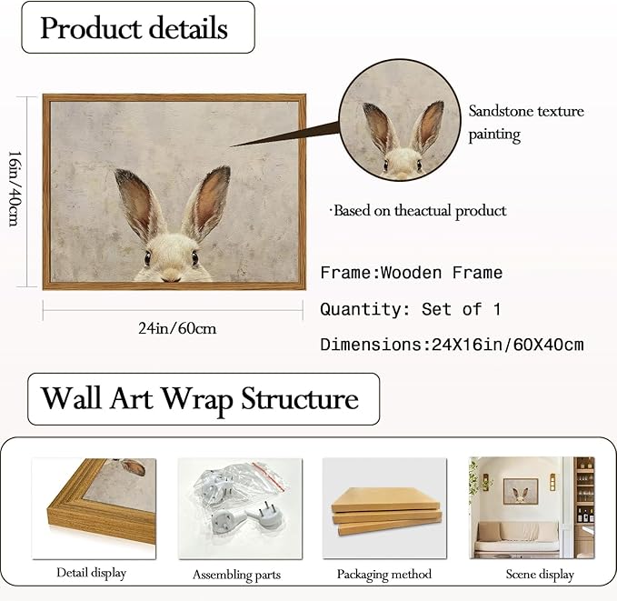 Framed Vintage Rabbit Wall Art, Cute Easter Bunny Pictures Wall Decor, 3D Sandstone Textured Farmhouse Animal Paintings Prints Cottagecore Home Decor for Living Room Bedroom Nursery 16x24 inch
