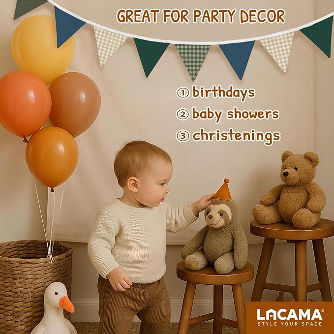 Lacama Boys Toddler Room Playroom Nursery Decor,Garland Triangle Banners Blue Grey, Vintage Warm Neutral Plaid Design Pennant Banner Bunting Flags Fabric for Baby Shower Birthday Party Decorations