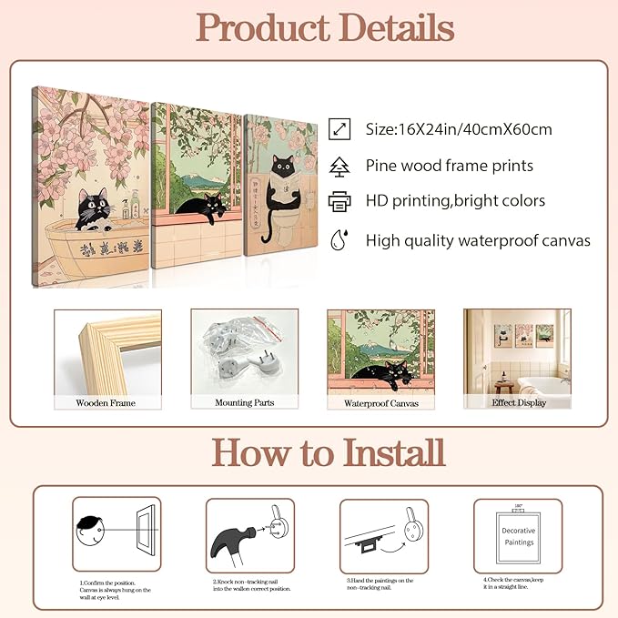 Japanese Bathroom Wall Art Set of 3, Cute Black Cat Bathtub Wall Decor, Funny Animal Reading Newspaper Canvas Prints for Bathroom Bedroom Laundry Room 16x24 inch Framed