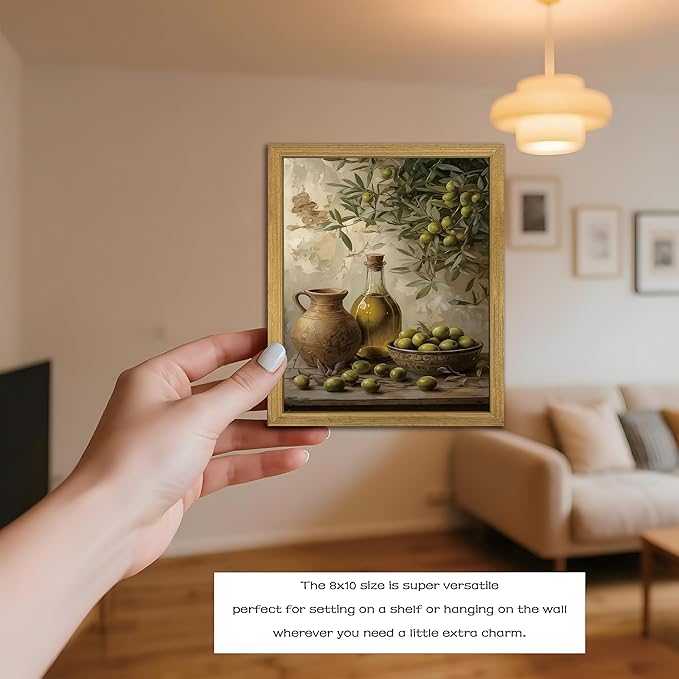 Wood Framed Olive Kitchen Wall Art, Vintage Rustic Still Life Canvas Print, Green Olives Poster Print Picture, Fruit Wall Decor Painting for Dining Room Cafe Restaurant Farmhouse Home Decor 8x10 inch