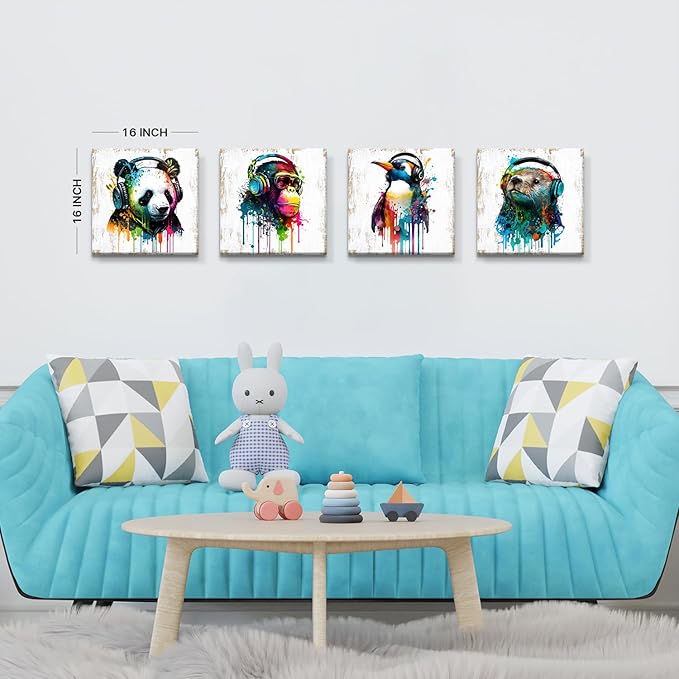 Graffiti Animal Canvas Wall Art Kids Room Watercolor Chimpanzee Panda Pictures Wall Decor Cartoon Cute Funny Penguin Bear with Headphone Painting Colorful Nursery Bedroom Home Decorations 16x16” 4 Pcs
