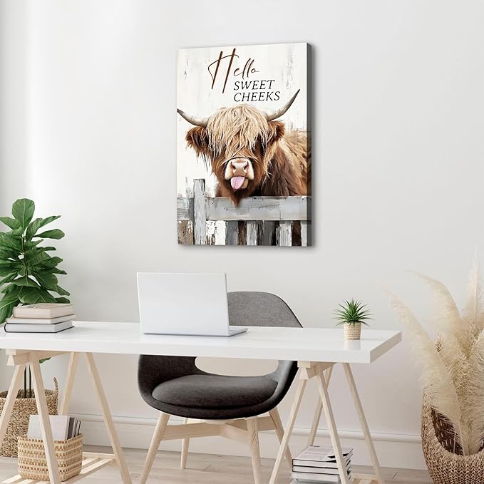 Farmhouse Cow Bathroom Wall Art Highland Cow Wall Decor Hello Sweet Cheeks Signs Prints Painting Longhorn Animal Pictures for Wall Rustic 24x36", Vintage Funny Cattle Poster Artwork Home Decorations