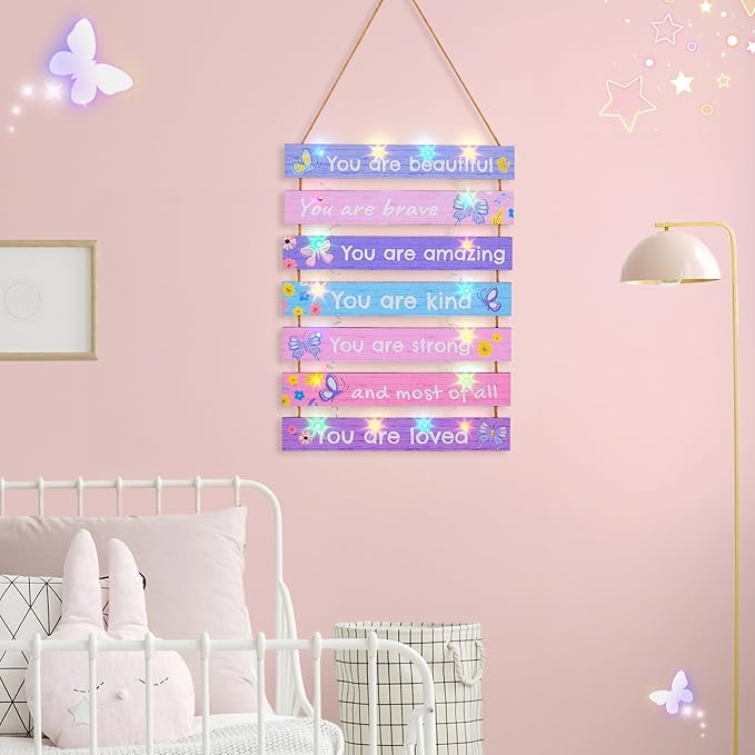 FIOBEE Girls Room Décor for Teen Girls Boys with LED Light Wall Decor for Bedroom Motivational Inspirational Wall Art Girl Room Decoration for Kids Studyroom, 8 Kinds of Lights, Purple Butterfly