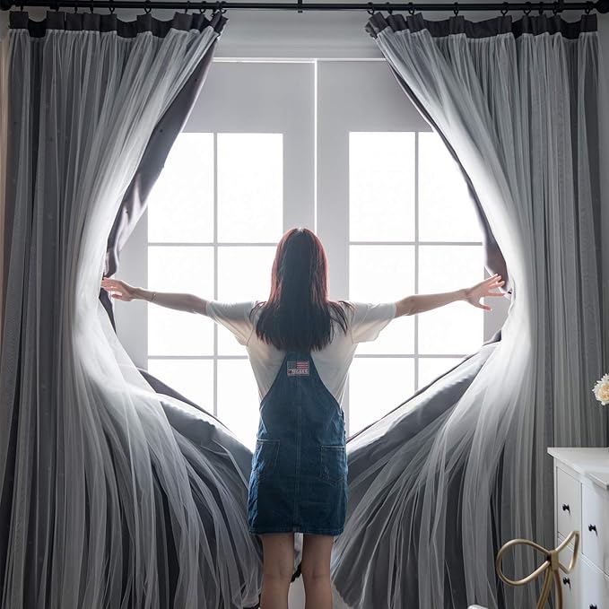 UNISTAR 2 Panels Stars Blackout Curtains for Bedroom Girls Kids Baby Window Curtain Double Layer Star Cut Out Aesthetic Living Room Decor Wall Home Decorations Curtain,W52 x L84 Inches,Grey