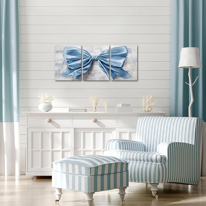 HOMEOART Bow Painting Canvas Print Bow Picture Bathroom Decor Bedroom Wall Decor 12x16inchx3Pieces Framed (Light Blue)