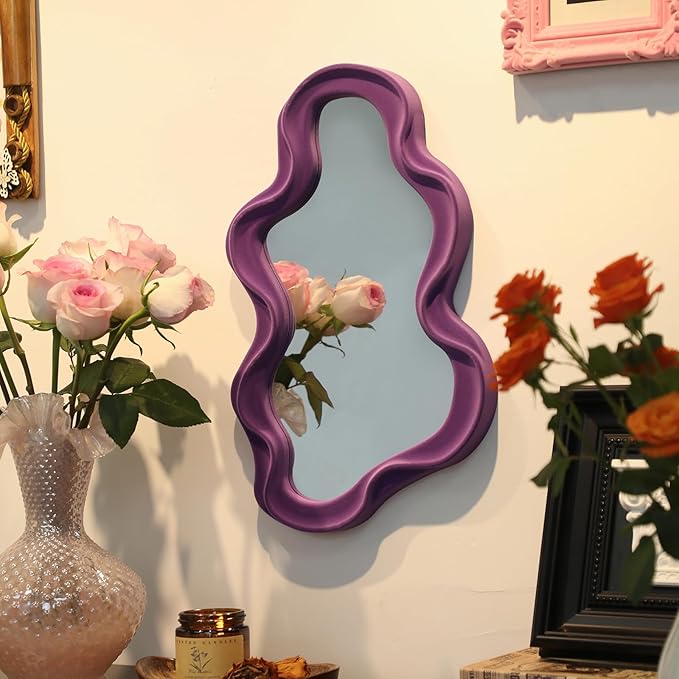 Purple Wavy Mirror Mirror for Girly Bedroom Decoration, Asymmetrical Cloud-Shaped Decorative Funky Mirrors for Modern Vintage Home Office Living Room Housewarming Birthday Gift
