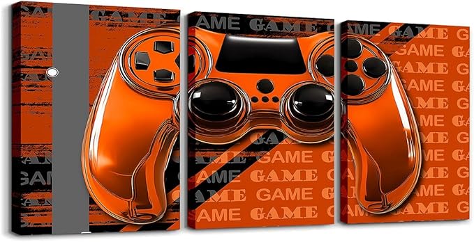 Feelyou Gamer Canvas Wall Art 12" x 16" 3 Piece Game Controller Office Wall Artwork Posters for Teens Adults Gaming Gifts Bathroom Wall Art for Home Gamepad Orange and Black Wall Painting
