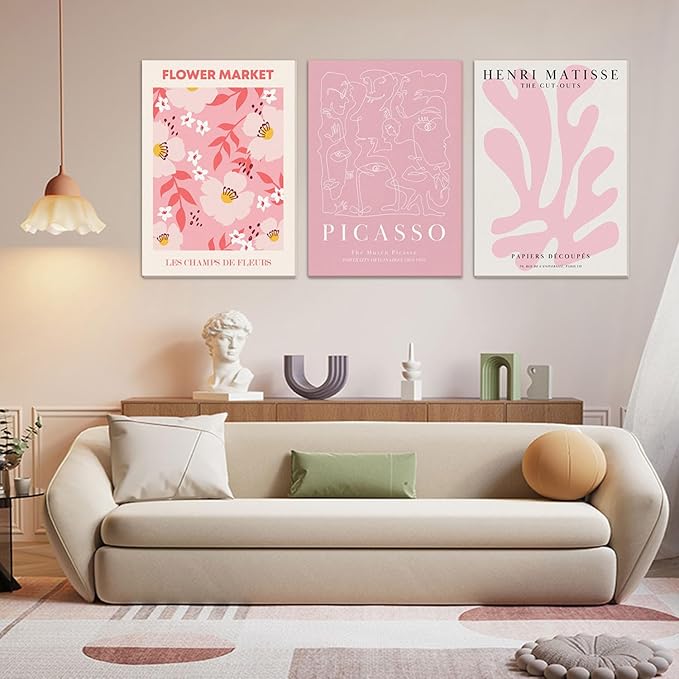 Djmwtb Pink Wall Art Matisse Canvas wall art Picasso Wall Decor Flower Market Prints Framed Set of 3 Cute Pictures Abstract Paintings Aesthetic Posters for Girls Bedroom Dorm Apartment Artwork 16x24in