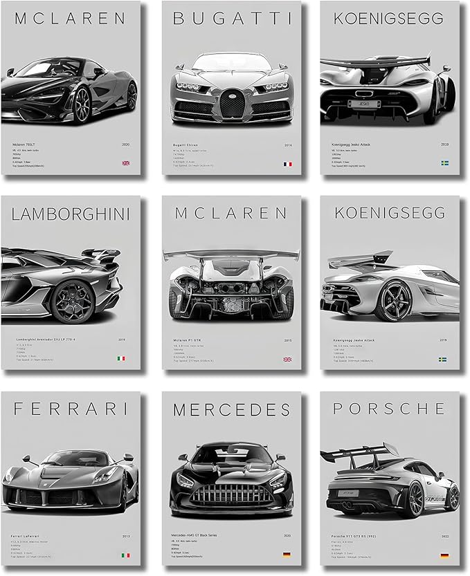 CSLGQGV Car Posters Vintage Racing Car Wall Art Supercar Canvas Prints Painting For Men Room Pictures Guys Dorm Room Aesthetics Decor Bedroom Office (Unframed,8×10inch,9pcs)