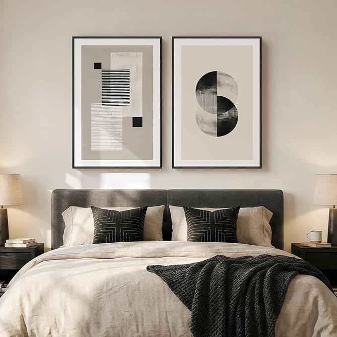 Large Framed Black and White Neutral Abstract Wall Art for Living Room, 2 Piece Modern Canvas Prints Artwork for Walls, Beige Minimalist Geometric Pictures for Bedroom Hallway Wall Decor 24x36 In