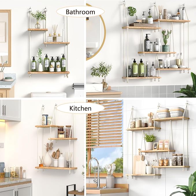 Hanging Shelves for Wall,Macrame Hanging Plant Shelf with Vine Lights 5 Tier Rope Floating Shelf Wood Organizer Storage Rack Boho Wall Decor Aesthetic for Succulents Bedroom Bathroom Kitchen