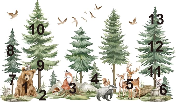 wondever Mountain Tree Wall Stickers Large Pine Tree Forest Animals Bear Deer Peel and Stick Wall Art Decals for Kids Bedroom Baby Nursery