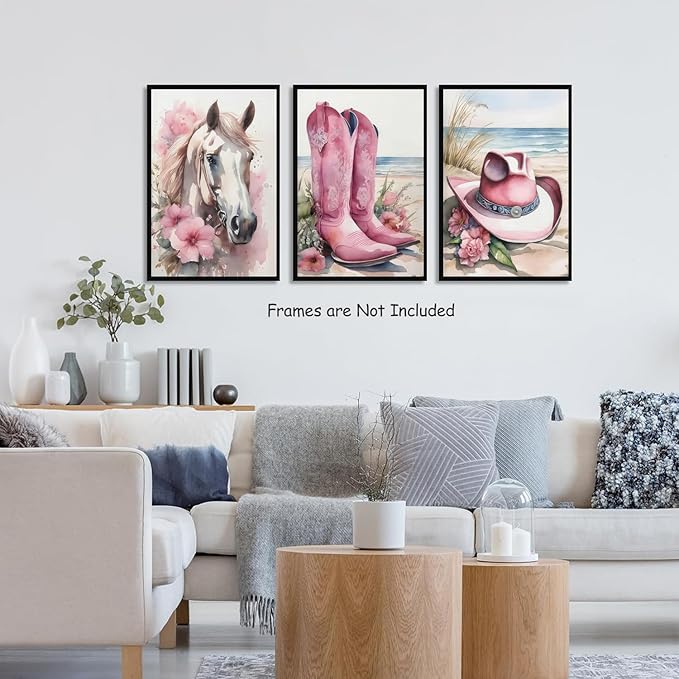 Djmwtb Coastal Cowgirl Canvas Wall Art Western Girl Room Decor Set of 3 Pink Flower Boots Hat Horse Pictures Trendy Preppy Posters Prints Watercolor Painting for Dorm Bedroom 12x16in Unframed