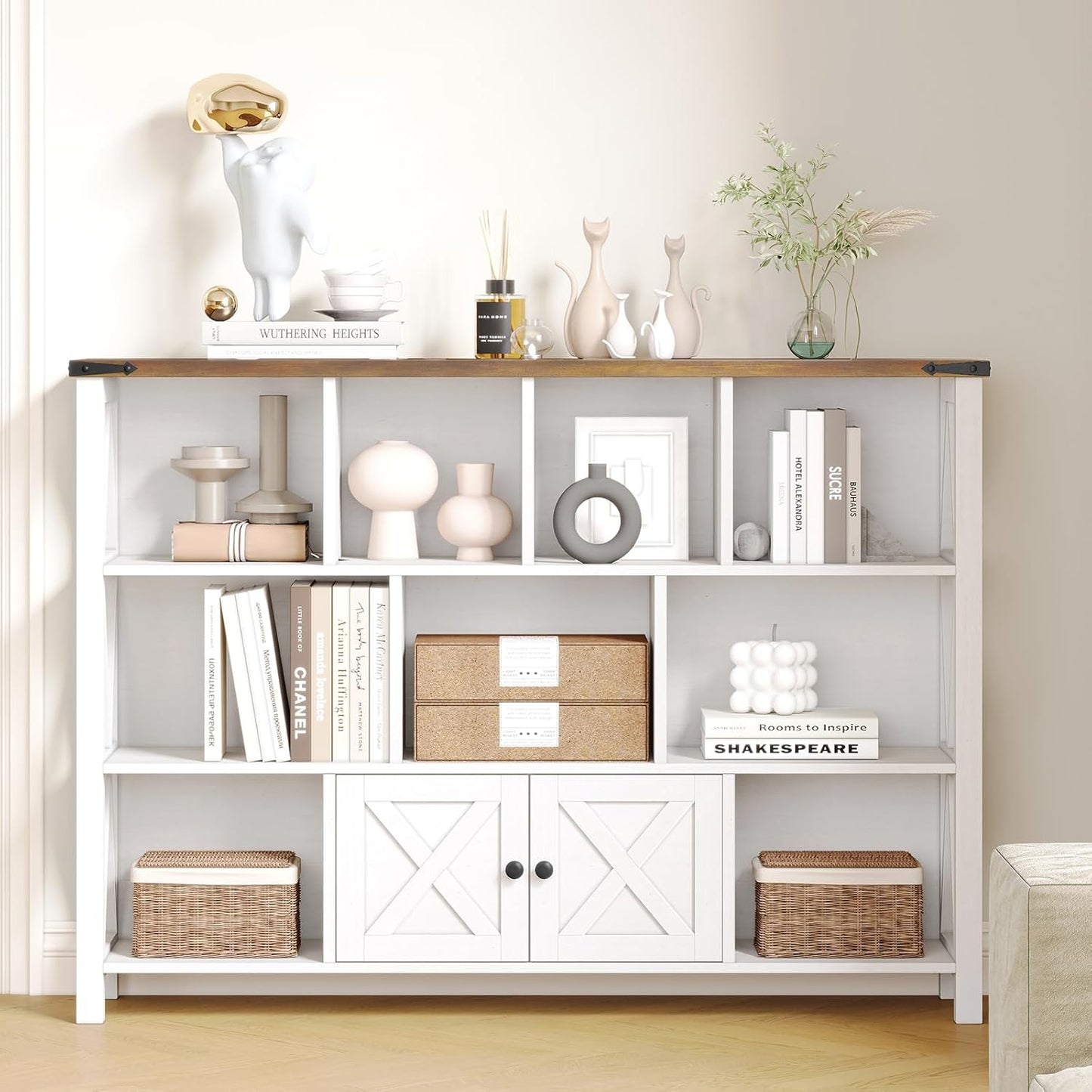 11 Cube Storage Organizer Bookshelf, Wooden Open Cube Shelf Bookcase, Farmhouse Display Book Shelf, 3 Tier Cube Bookshelves with Storage, Rustic White
