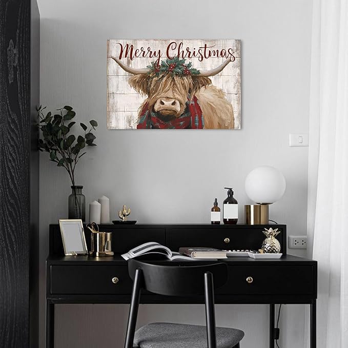 Funny Highland Cow Canvas Wall Art Merry Christmas Wall Decor Christmas Farmhouse Cow Prints Poster Rustic Farm Animal Painting Pictures Western Artwork for Living Room Kitchen Home Decorations 16x24"