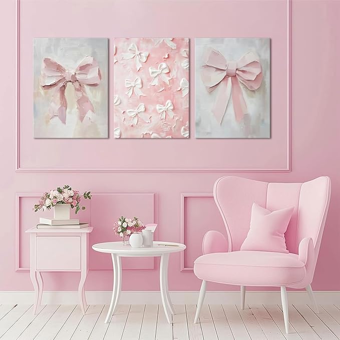 Pink Bow Canvas Wall Art Set of 3 Coquette Oil Painting Cute Bow Posters Wall Decor Trendy Preppy Print Picture for Back to School Bedroom Bathroom College Dorm 16x24 In Framed