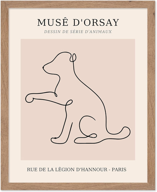 Poster Master Vintage Poster - Retro One Line Dog Drawing Print - Dog Art - Minimal Gift for Men, Women, Animal Lover - Abstract Wall Decor for Home, Office, Bedroom, 8x10 Beige Framed