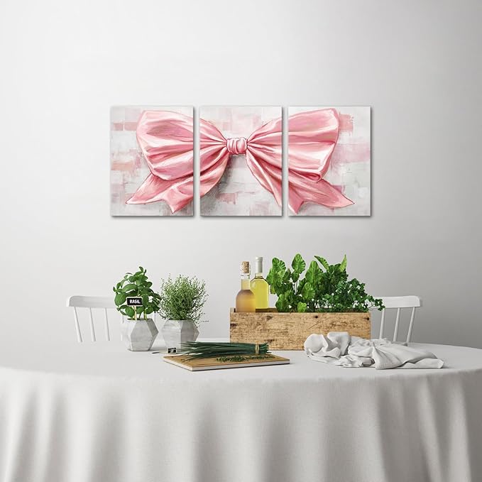 HOMEOART Bow Painting Canvas Print Bow Picture Bathroom Decor Bedroom Wall Decor 12x16inchx3Pieces Framed (Pink)