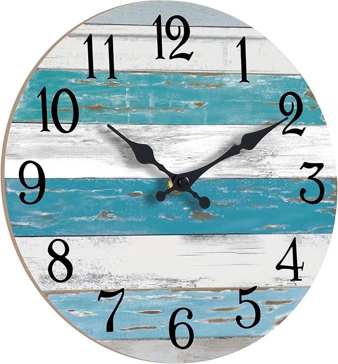 Wall Clock Battery Operated 10 Inch Outdoor Beach Style Blue Coastal Retro Silent Non Ticking Decorative for Bathroom Kitchen Living Room Bedroom