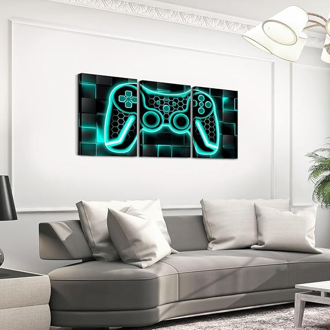 Feelyou Gamer Canvas Wall Art for Living Room 12"x16" 3 Piece Teal Blue and Black Picture Wall Decor Gaming Ombre Office Wall Decorations Artwork Posters Geometric Square Wall Painting