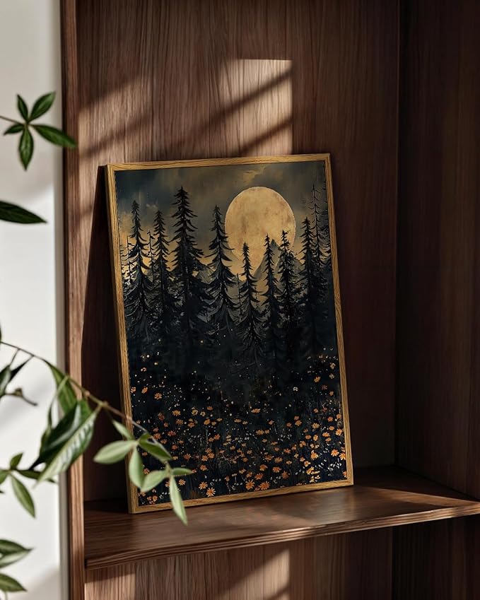 WHASAYART Framed Dark Forest Pine Trees Yellow Flowers Wall Art 12x16, Autumn Night Sky Full Moon Wildflowers Canvas Print, Rustic Fall Nature Gothic Aesthetic Halloween Bedroom Living Room Decor