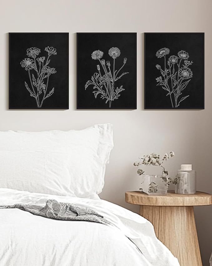 Drsoum Vintage Boho Botanical Flower Wall Art Framed Retro Floral Wall Prints Wildflower Neutral Rustic Bohemain Artwork Kitchen Bedroom Ready to Hang 12x16in Black Framed