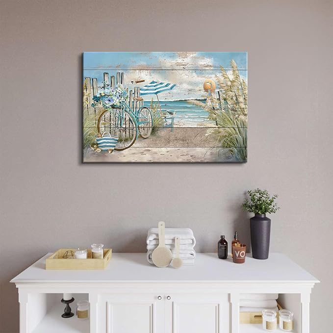 Coastal Canvas Wall Art Farmhouse Beach Seaside Wall Decor for Bathroom Bicycle Picture Rustic Ocean Seascape Poster Print Retro Country Coastline Painting Artwork Living Room Home Decoration 16x24