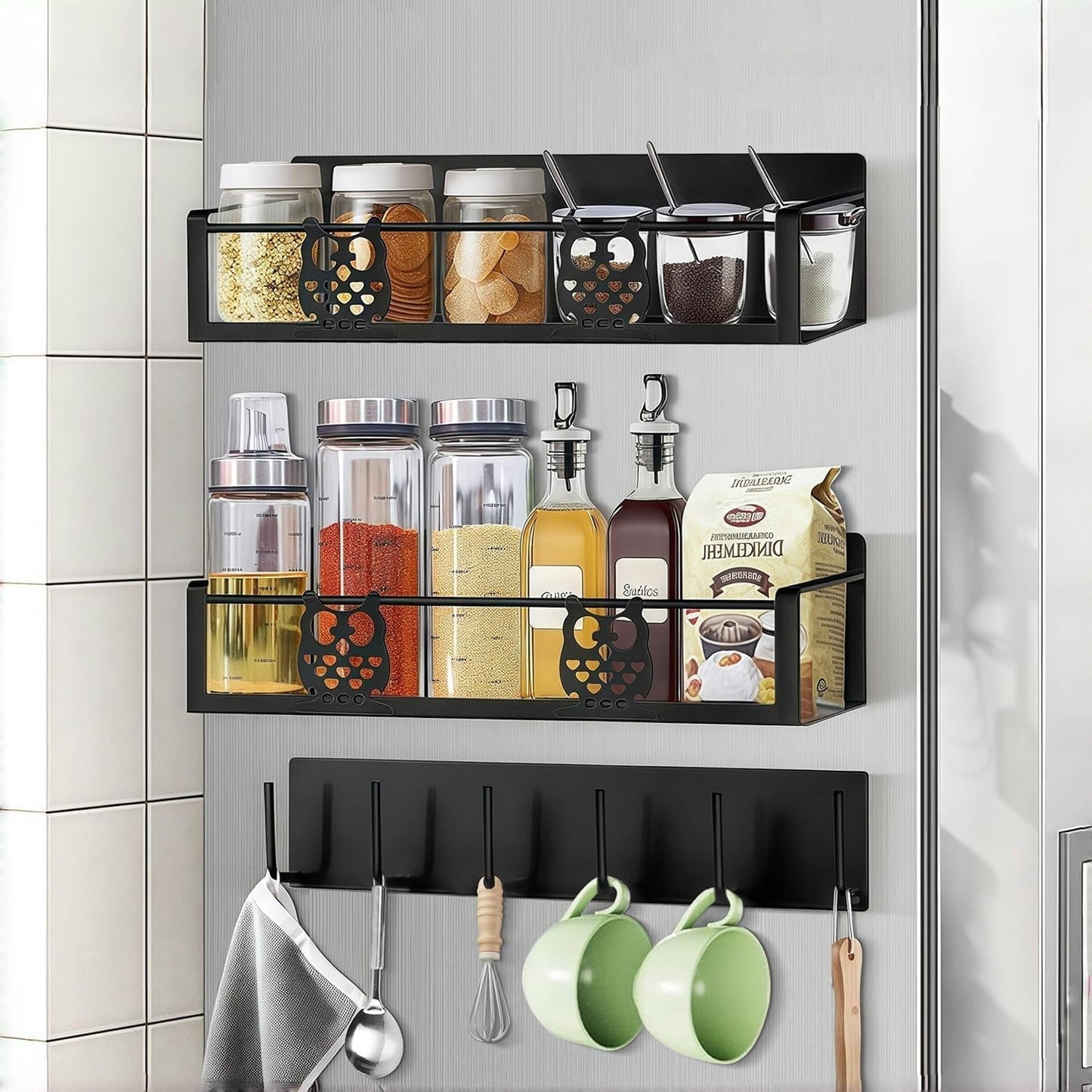 3 Pack Moveable No Drilling Heavy Magnet Spice Rack for Refrigerator Organizers and Storage,Space Saving Kitchen Organization with Magnetic Hooks,Owl Kitchen & Home Decor(Black)