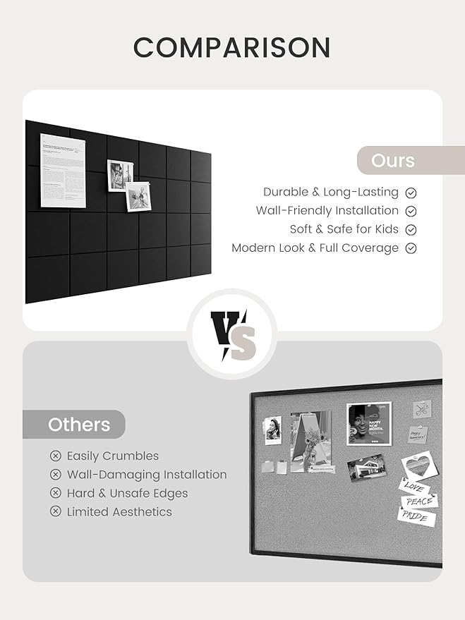 Bumusty Large Felt Bulletin Board, 36" x 24" Cork Board Alternative, 6-Pack Wall Tiles with 4-Compartment Design, 30 Push Pins, 40 Adhesive Tabs, Ideal for Office & Home Decor, Black