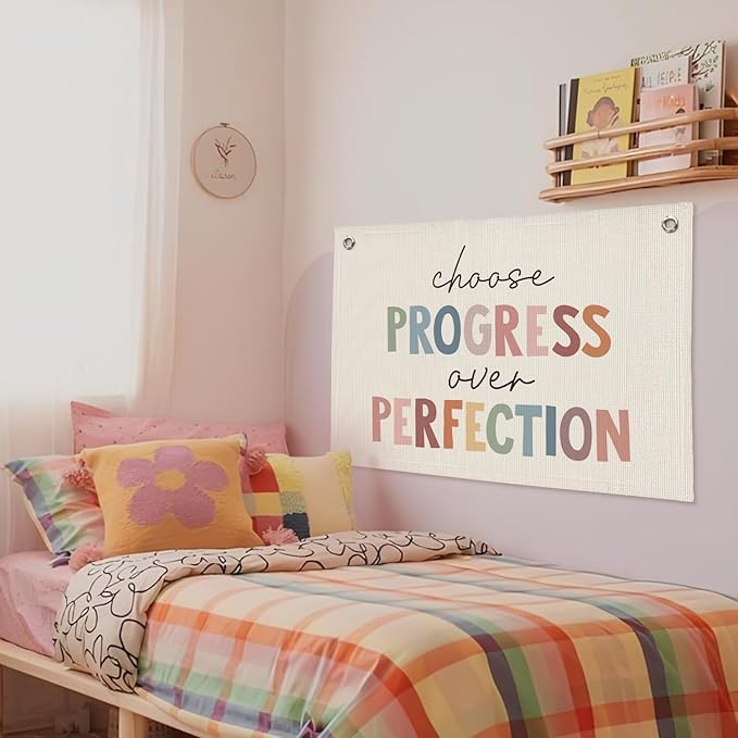 Boho Classroom Decor, Progress Over Perfection Banner, Positive Motivational Linen Banner Wall Hanging Canvas Flag for School Playroom Classroom